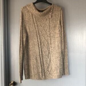 Cable Knit Keren Hart Sweater Womens XL Tan Long Sleeve Neutral Neck Buttons